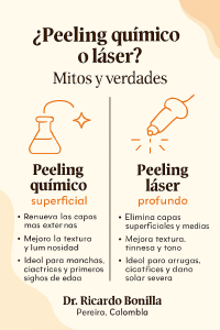 ¿Quieres renovar tu piel pero no sabes por dónde empezar? Esta guía visual te muestra las diferencias entre el peeling químico y el láser: dos caminos distintos hacia un rostro más luminoso y firme. 📍 Dr. Ricardo Bonilla · Pereira, Colombia